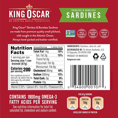 4.38 (Pack 1), King Oscar Sardines in Olive Oil, Ounce Cans of Skinless & Boneless, Wild Caught Canned Sardines