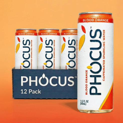 75mg 11.5 oz (Pack 12) PHOCUS Caffeinated Sparkling Water, Blood Orange, Natural Caffeine Plus L-Theanine, Zero Sugar