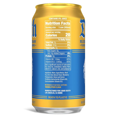 12 Oz (Pack 12) Liquid Death Iced Tea - Blueberry Buzzsaw (Blueberry-Flavored Black Tea), Less Sugar*, Boost