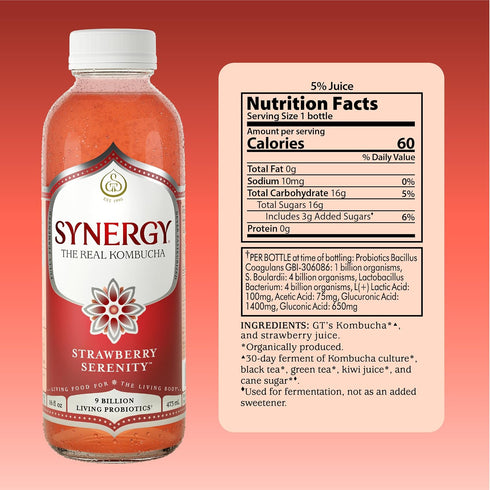 16 oz Immune SYNERGY The Real Kombucha - Strawberry Serenity - fl Bottle - Raw Probiotic Drink for Gut Health