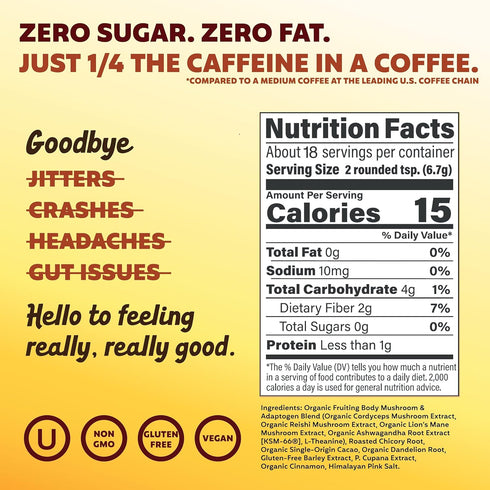 18 Joey Mushroom Coffee Alternative with Cacao Dandelion Root, and Chicory, Instant Mushroom Coffee Substitute