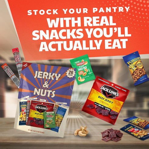 Yummey Pack (26 Count) Packs Jerky & Nuts Variety Beef Jerky, Beef Sticks, Turkey Sticks, Cashews, Honey Roasted