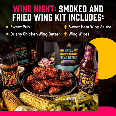 Hey Grill Hey | Chicken Wing Seasoning & Sauce Kit | All-in-one Crispy Batter, BBQ Rub, and Sweet Heat BBQ Sauce | Wing