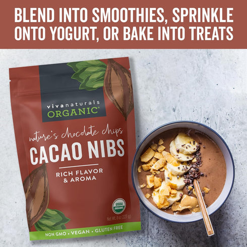 Viva Naturals Organic Cacao Nibs, 8 oz - Keto Friendly, Unsweetened Chocolate Chip Substitute