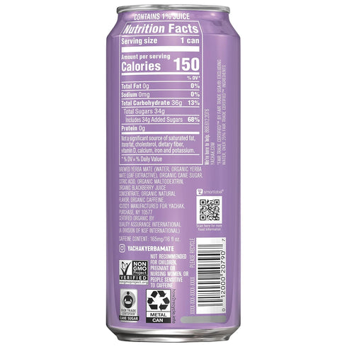 Yachak 16 Oz Pack 12 Yerba Mate Drink, Blackberry, Fl Cans