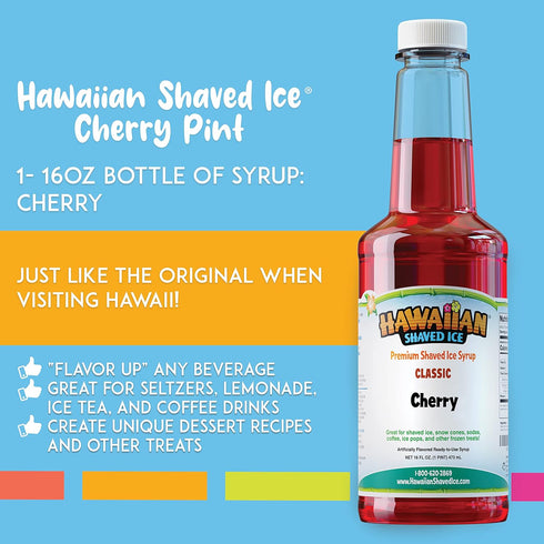 Hawaiian Shaved Ice Syrup Pint, Cherry Flavor, Great For Slushies, Italian Soda, Popsicles, & More, No Refrigeration Needed, Contains No Nuts, Soy, Wheat, Dairy, Starch, Flour, or Egg Products