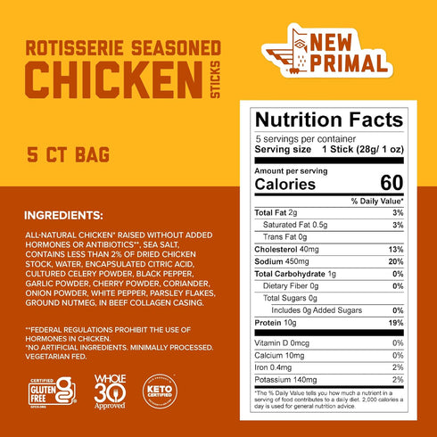 Whole30 10g 5 Count New Primal Rotisserie Chicken Sticks, Zero Sugar High Protein Snack, Gluten Free Healthy Snacks