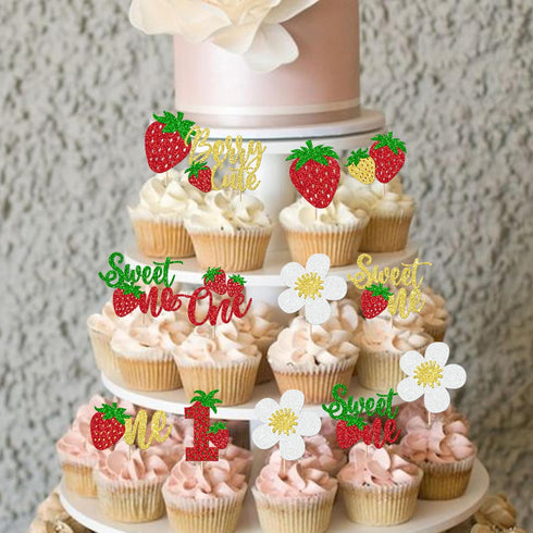 Rsstarxi 30 Pack 1st Sweet One Cupcake Toppers Berry First Birthday Decorations Glitter Strawberry Birthday Cupcake