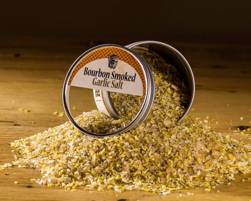 Garlic Salt - Handcrafted Bourbon Smoked Salt Blended with Garlic, 4 Ounce Tin