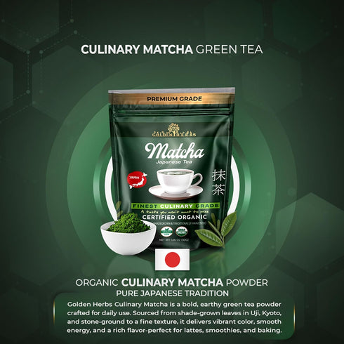GOLDEN HERBS (30 Culinary Grade Matcha Organic Japanese Green Tea Powder for Lattes, Smoothies & Baking Vibrant Green