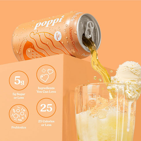 POPPI Sparkling Prebiotic Soda with Apple Cider Vinegar, Seltzer Water & Fruit Juice, Orange Cream, 12oz (12 Pack)