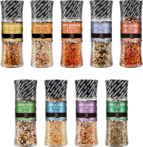 Soeos Spice Seasoning Set of 9 with Integrated Grinders, Individual Spice Grinder,