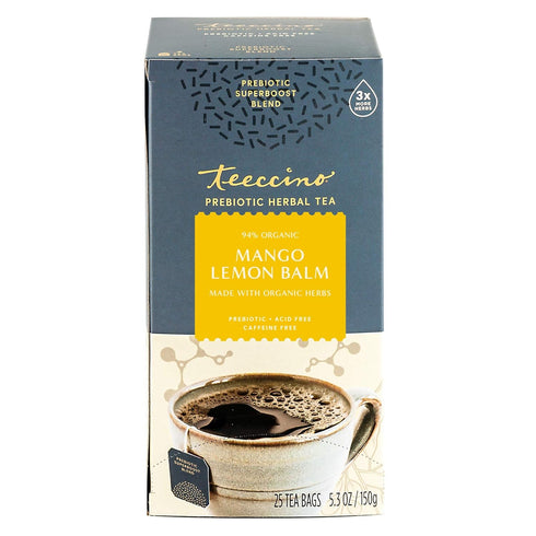 Teeccino Mango Lemon Balm Herbal Tea - Prebiotic SuperBoost™ for Good Gut Health, Caffeine-Free, 25 Tea Bags