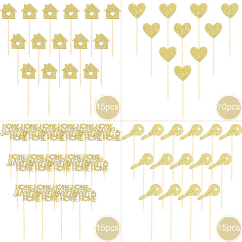 Zonon 55 Piece Home Sweet Home Cupcake Topper, Gold Glitter, New House Welcome Party