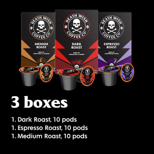 10 Pack Death Wish Coffee, Single Serve Coffee - Each of Medium, Dark, and Espresso Roast - Mixed Roast Variety