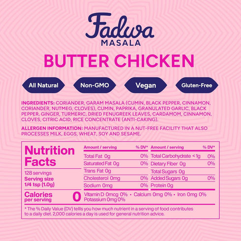 4.5 oz Fadwa Masala Butter Chicken Spice Mix - Jar, Salt & Sugar Free, Non-Spicy Authentic Desi Spices for Pakistani