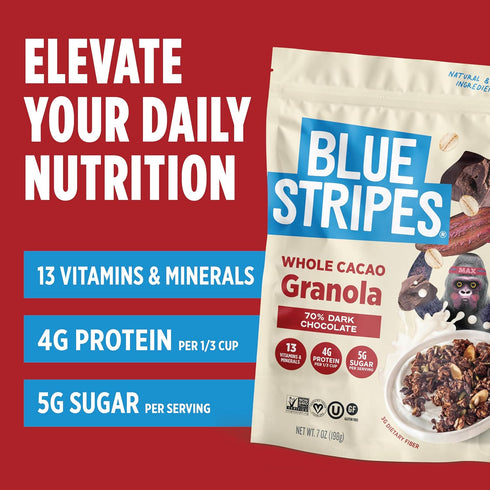 70% 5g 7 oz Blue Stripes Whole Cacao Granola - Gluten Free Dark Chocolate Granola for Cereal, Oatmeal, Yogurt, Protein