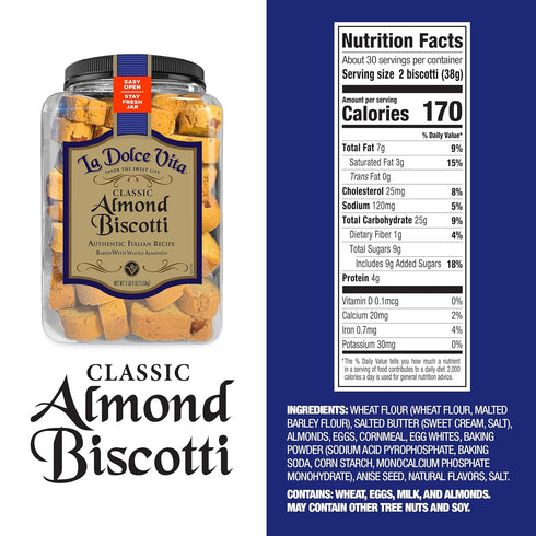 40 oz La Dolce Vita Classic Almond Italian Biscotti Cookies, Gourmet Coffee & Tea Dipping Snack, Jar