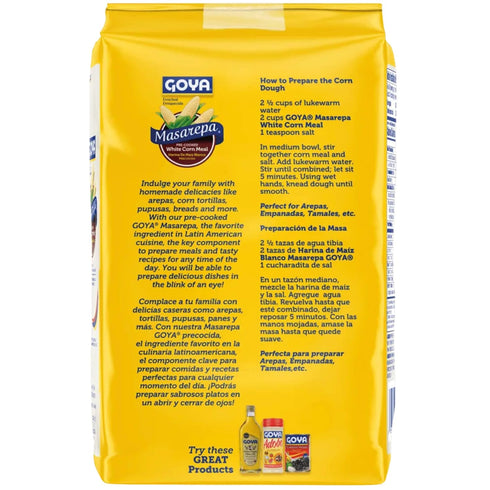 Pack 2 (35.2 oz Goya Pre-Cooked White Corn Meal for Cooking, of Bags) Authentic Masa Harina for Arepas, Empanadas