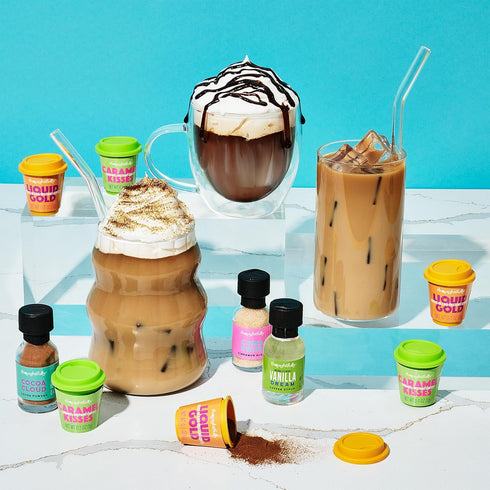 Set, Thoughtfully, Iced Coffee Barista Bar Gift Includes Instant Coffee, Flavored Syrups, Cocoa Powder & Cinnamon