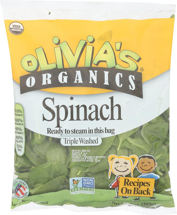 Olivias Organics Organic Spinach, 9 OZ