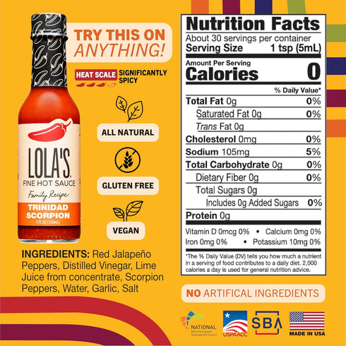5 Oz (Pack 6) Lola's Fine Hot Sauce Trinidad Scorpion | All-Natural, Low Sodium, Gluten-Free, Keto | Made with Red