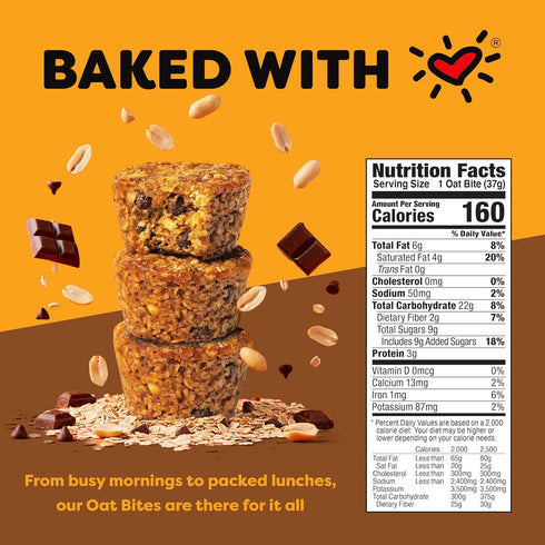 (30 Bobo's Peanut Butter Chocolate Chip Oat Bites, Simple Ingredients, Whole Grain Oats, Plant Based, Non-GMO, Gluten