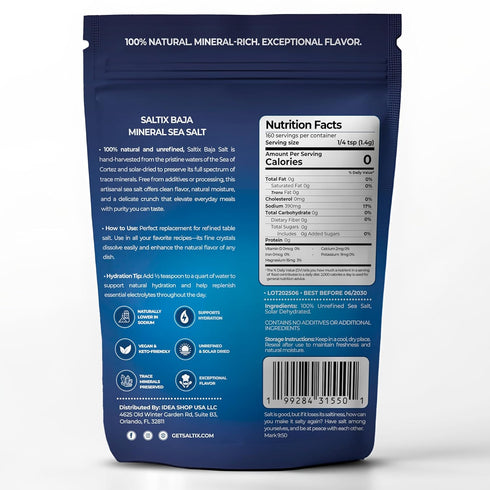 8 oz (1/2 lb), 160+ 100% Saltix Baja Mineral Sea Salt - Fine Grind, Servings Natural & Unrefined, Hand-Harvested from