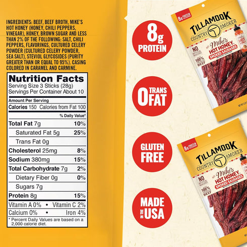 Country 9.25 Tillamook Smoker Beef Smoked Sausages, Mike's Hot Honey, Ounce, Real Hardwood Smoked Sausages, Low Carb