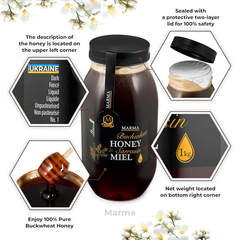 100% 1000g/35.2oz Pack 1 HONIGMA Marma Buckwheat Honey | Authentic Raw Honey from Ukraine | Pure, Unpasteurized & Fully