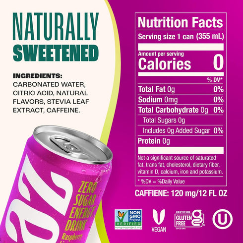 12 oz (12-Pack) Zevia Zero Sugar Energy Drink, Raspberry Lime, Cans Naturally Sweetened, Zero Calorie Sugar Free Energy