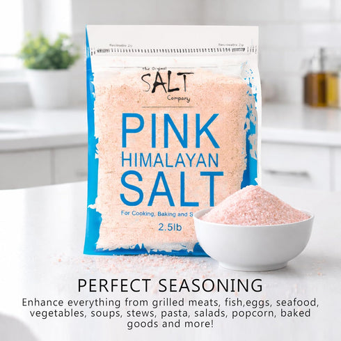 100% (2.5 Lb The Original Salt Company Pink Himalayan Salt, organic, kosher, fine grain, and gluten-free. Perfect