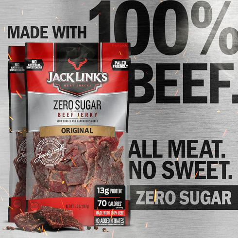 (2 Pack) 7.3 oz 13g 100% Jack Link's Original Zero Sugar Beef Jerky - Bag - Ready to Eat Protein Snacks - Protein per