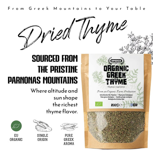 (7.05 oz) Apsogo Organic Greek Thyme Premium Dried Thyme Leaves from Greece Aromatic for Cooking, Tea & Seasoning