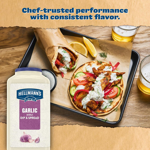 1 128 oz, Pack 1 Hellmann's Garlic Aiolii Dip & Spread Jar, For Food Service, Ready to Use, No Artificial Flavors
