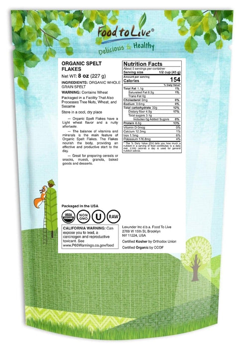 8 Food to Live Organic Spelt Flakes, Ounces - Rolled Spelt Made from Whole Grain Non-GMO Berries, Uncooked, Raw Whole