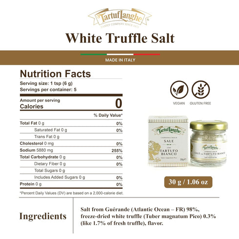 1.06 oz (Pack 1) TartufLanghe White Truffle Salt with Gurande Grey Sea Salt and Real Truffle Slices - Gourmet Italian