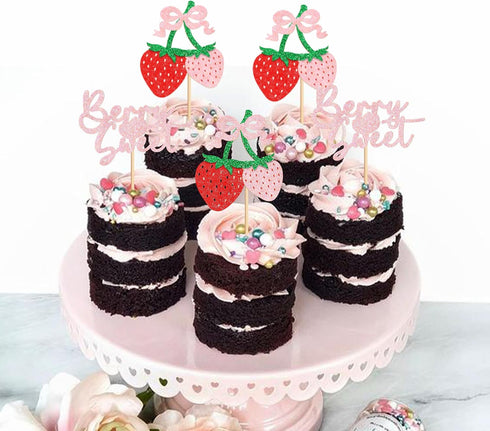 24 Pack Ercadio Strawberry Cupcake Toppers Glitter Bow Birthday Strawberry Cake Picks for Fruit Baby Shower Birthday