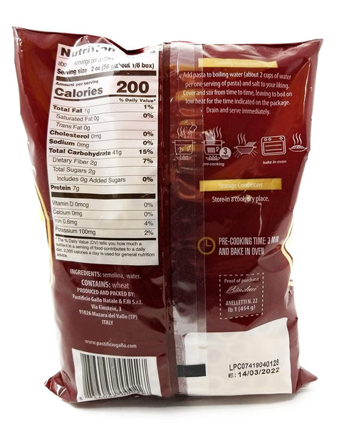 Primeluci 1 lb (Pack 4) Anelletti Durum Wheat Semolina Pasta