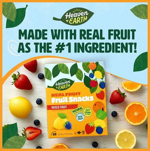 .8 oz (10 Gummies Heaven & Earth Fruit Snacks, Mixed Fruit, Pouches) | Real Fruit for Kids | School Safe, Natural
