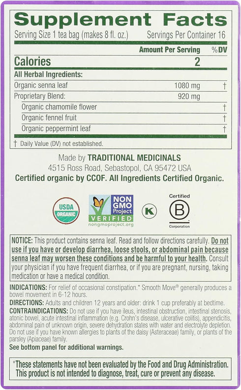 Traditional Medicinals Organic Smooth Move Chamomile Tea, 16 Tea Bags