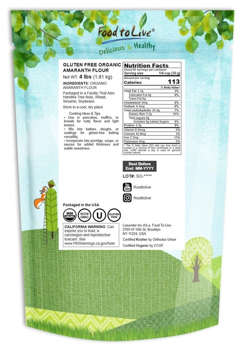 4 Food to Live Gluten Free Organic Amaranth Flour, Pounds Non-GMO Whole Grain Flour, Vegan Fine Meal, Bulk Powder. High