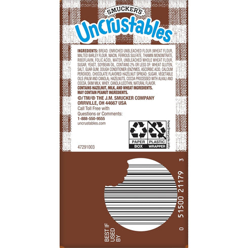 15 Count, 1.8 Oz. Frozen Smuckers Uncrustables Chocolate Flavored Hazelnut Spread Sandwiches, Each
