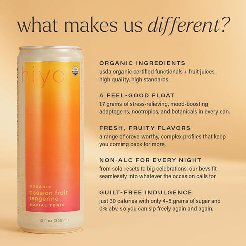 12 Pack Hiyo Organic Social Tonic- Passion Fruit Tangerine, N.A. Functional Seltzer, Sparkling Water Crafted