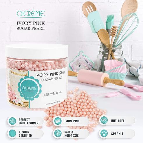 (8mm, 16 Oz) O'Creme Pink-Ivory Edible Sugar Pearls Cake Decorating Supplies for Bakers: Cookie, Cupcake & Icing