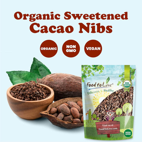 8 Food to Live Organic Sweet Cacao Nibs, Ounces Non-GMO, Lightly Sweetened with Coconut Sugar, Raw, Non-Irradiated