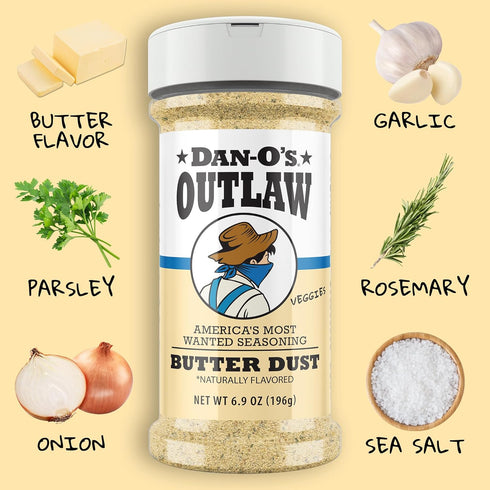 6 Set- Dan-O's Outlaw Seasoning Bottle Butter Dust, Butter Steak, Spicy BBQ, Sweet Caribbean, Sweet & Tangy BBQ