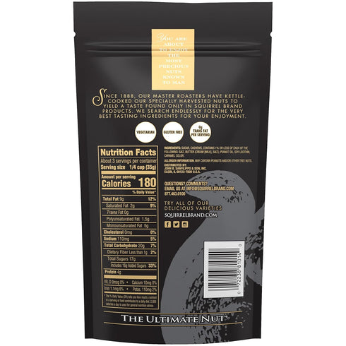 3.5 oz 3.5 Squirrel Brand Caramel Toasted Colada Cashews with sweet toasted coconut, natural flavors + Squirrel Brand