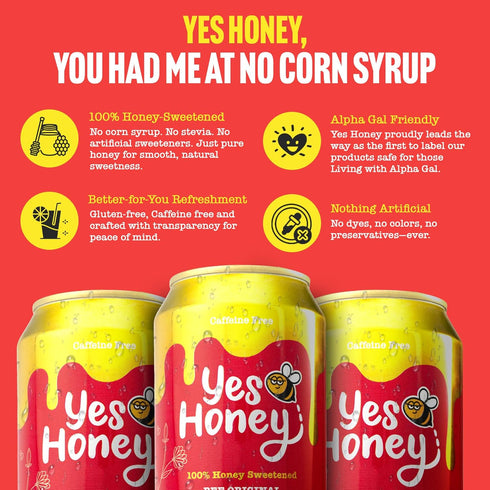 11oz (12-Cans), 100% Yes Honey Soda Strawberry Honey-Sweetened Healthy Soda, Alpha Gal Friendly, Gluten Free, Caffeine