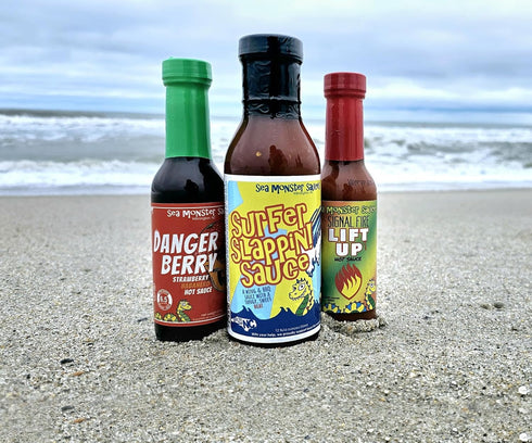 Sea Monster Sauces 1 1 1 Sampler - Bottle Surfer Slappin! Sauce - Bottle Danger Berry - Bottle Lift Up Hot Sauce